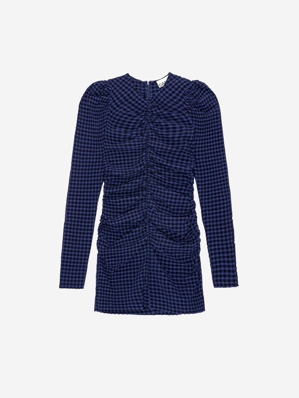 Ganni Navy and Black Checked Gingham Ruched Long-Sleeve Mini Dress DK 36